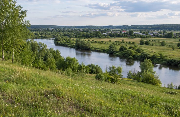 Вид с травянистого склона на реку и пойму