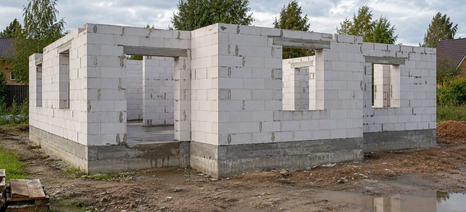 Недостроенная коробка дома из газобетона без кровли