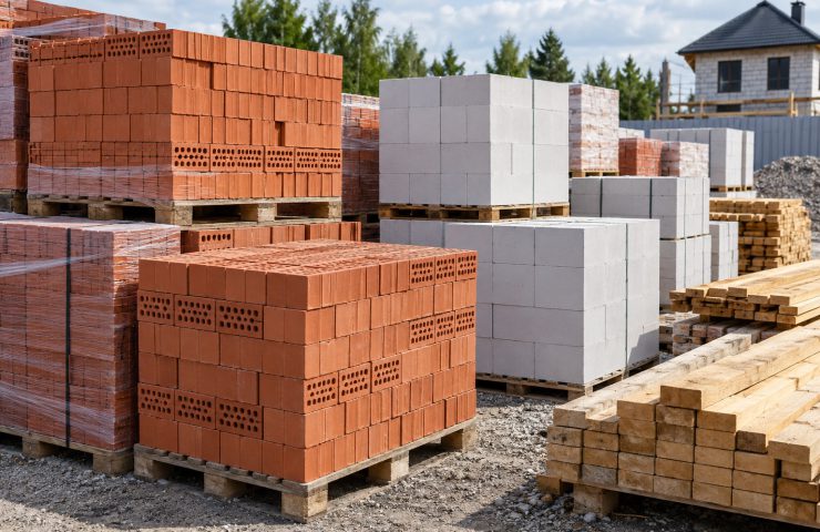 Кирпич, газобетонные блоки и пиломатериалы на стройплощадке
