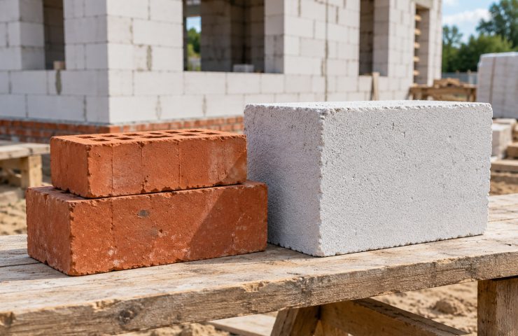 Керамический кирпич и газобетонный блок крупным планом